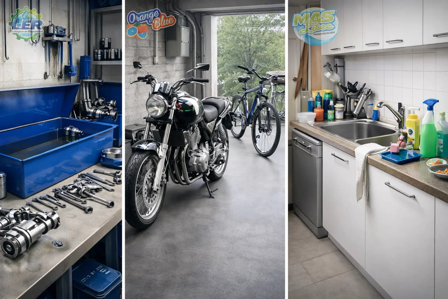 Tres entornos limpios: taller mecánico ordenado, garaje con motocicleta impecable y cocina reluciente