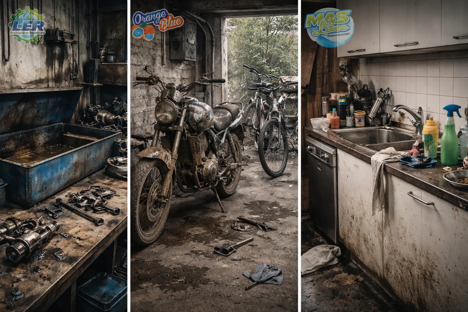 Tres entornos sucios: taller mecánico, garaje con motocicleta y cocina descuidada