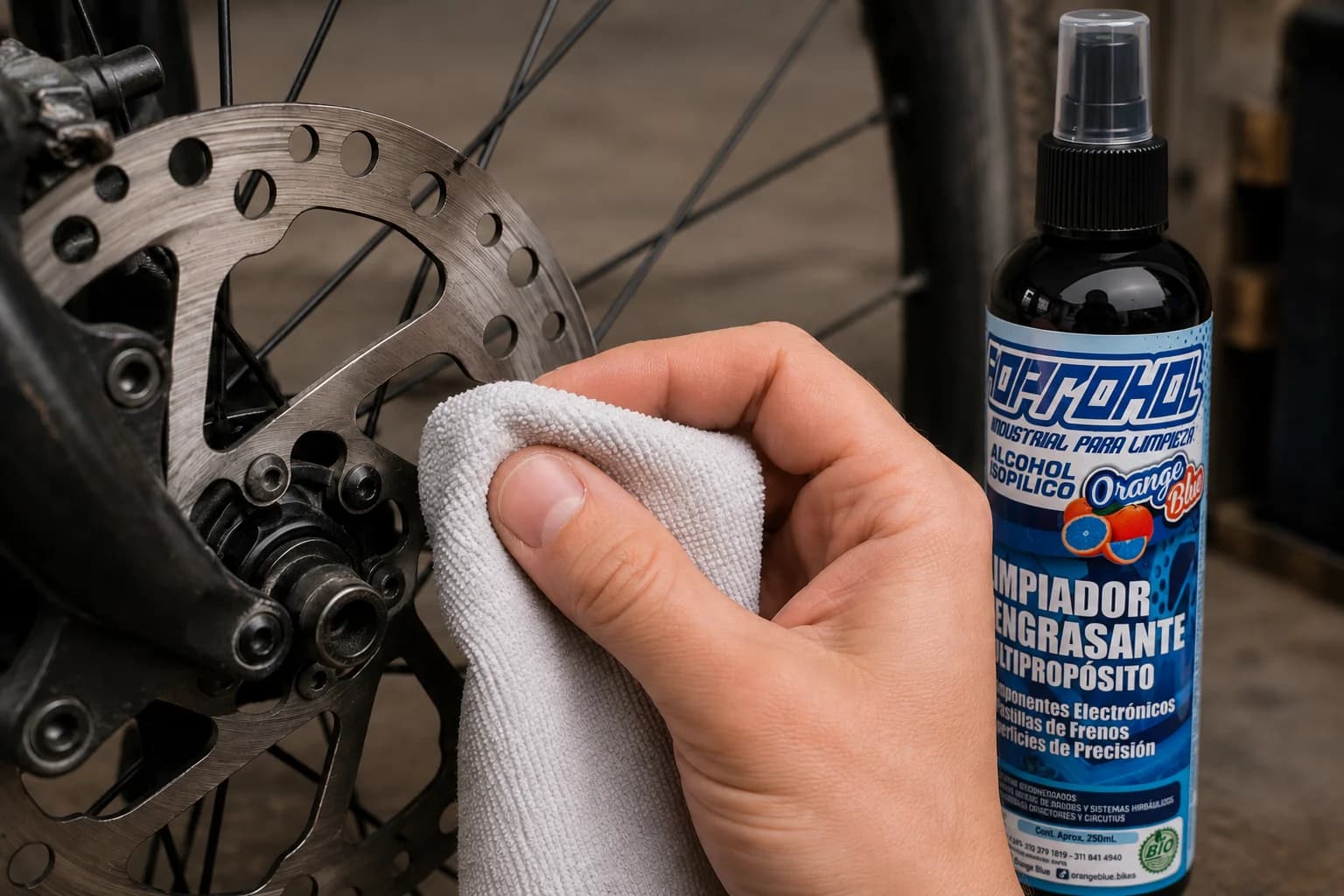 limpiando disco de freno de bicicleta con Isoprohol alcohol isopropílico sin residuo