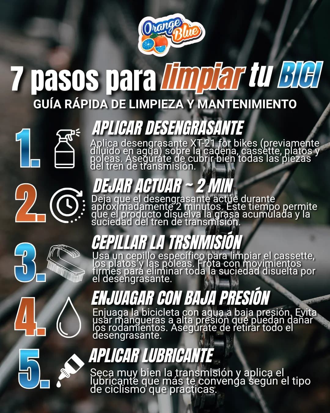 infografía paso a paso limpieza de transmisión de bicicleta con desengrasante y alcohol isopropílico