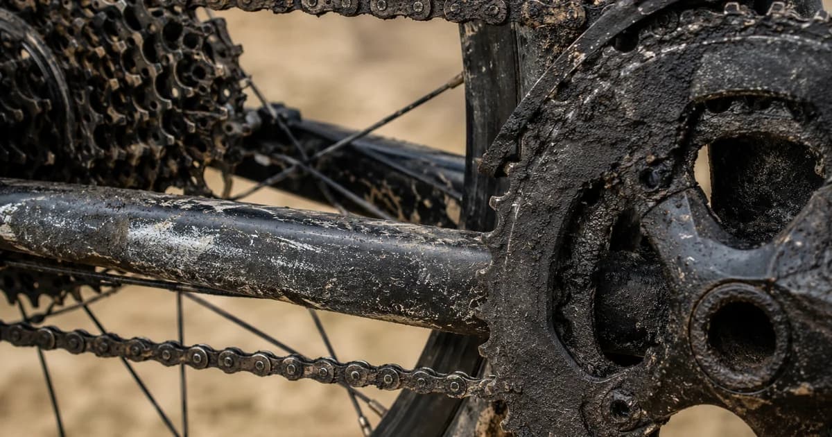 Transmisión de bicicleta sucia con pasta negra en cadena y cassette antes de limpiarla
