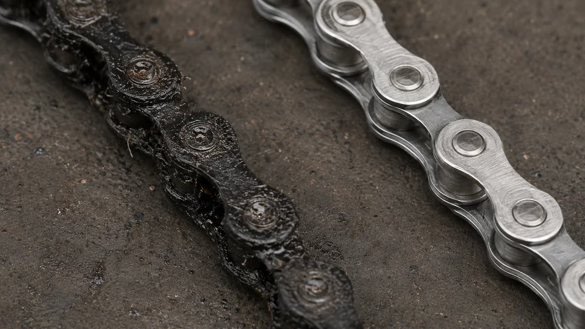 Cadena de bicicleta limpia con lubricante seco vs cadena con residuo negro acumulado